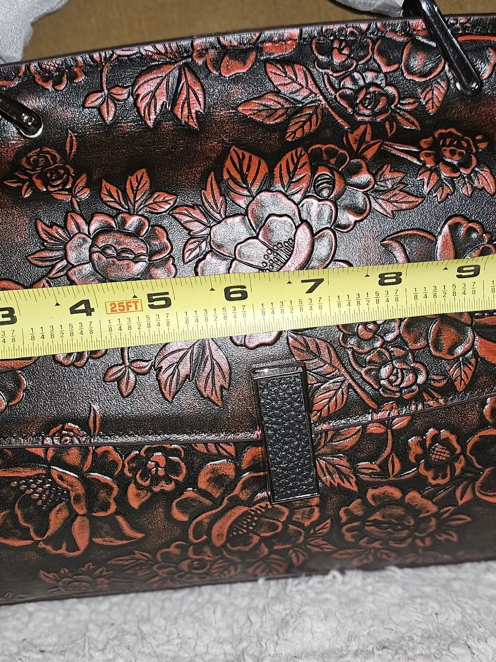 Accessory Collective Embossed Floral Satchel in Black and Orange